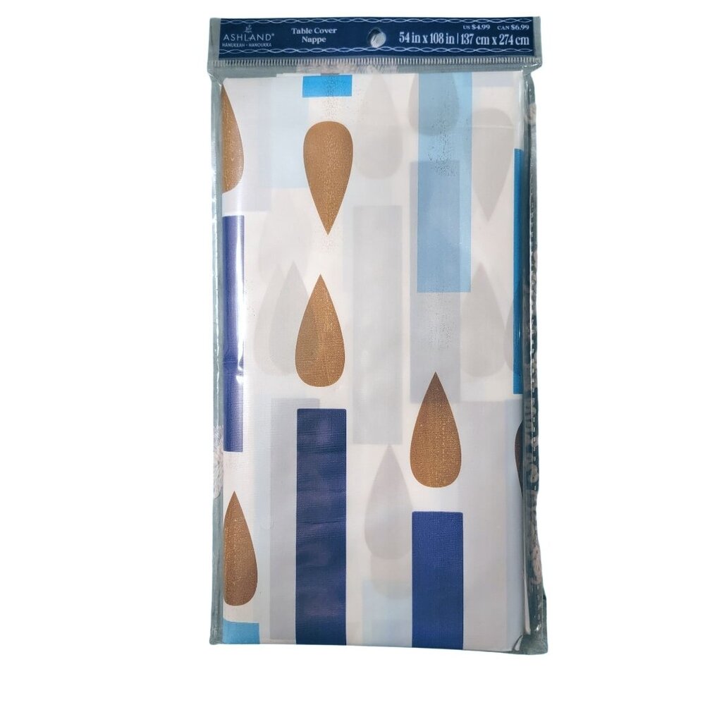 Ashland Hanukkah Table Cover 54" X 108" Blue & Gold Candles Design Plastic